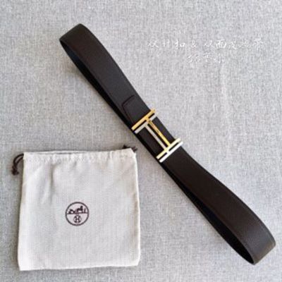 1:1  Hermes Chocolate& Black Leather Belt  with Gold&Silver Double"H" buckle 3.8cm